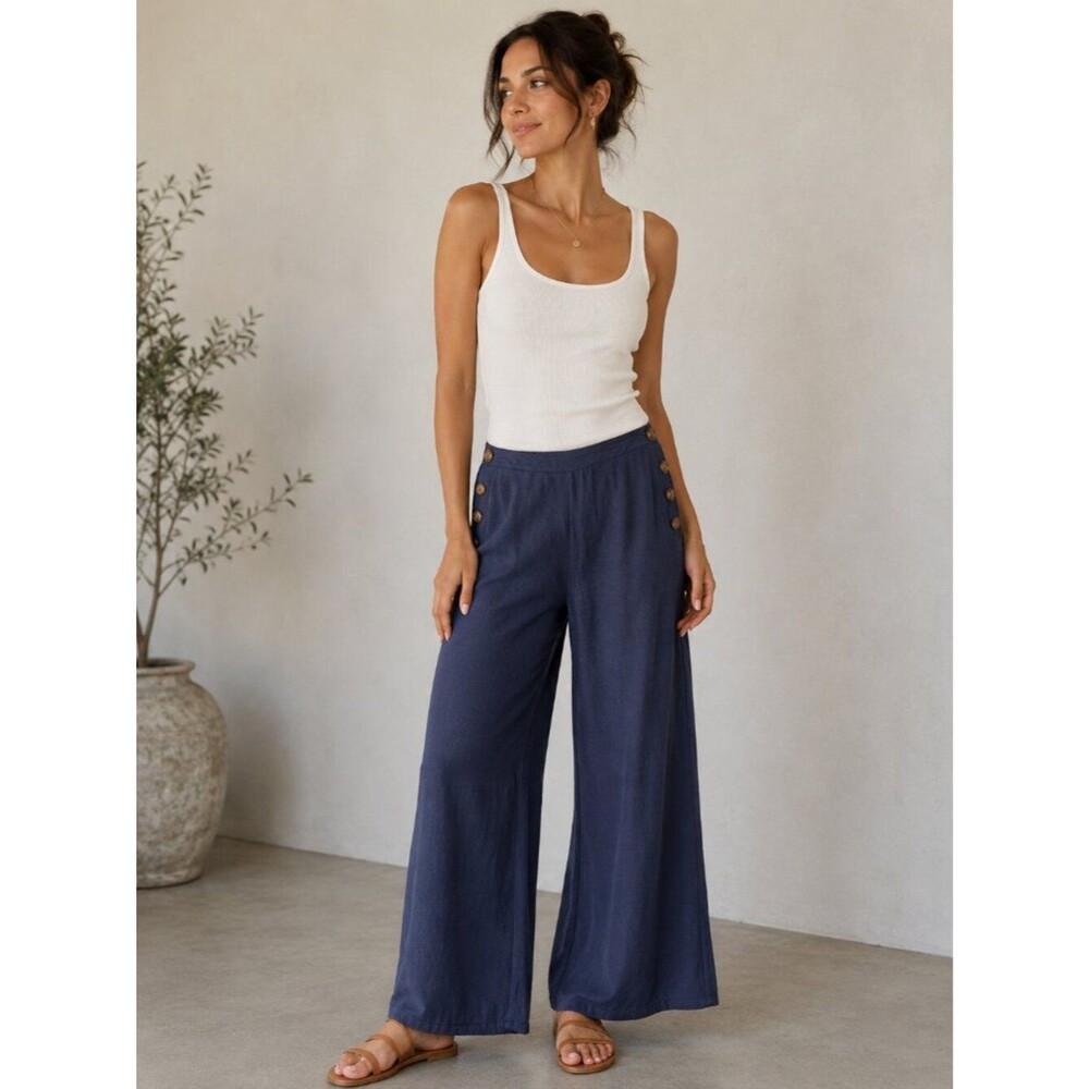 Navy Linen Blend Wide Leg Sailor Pants S Button Coastal Nautical Palazzo